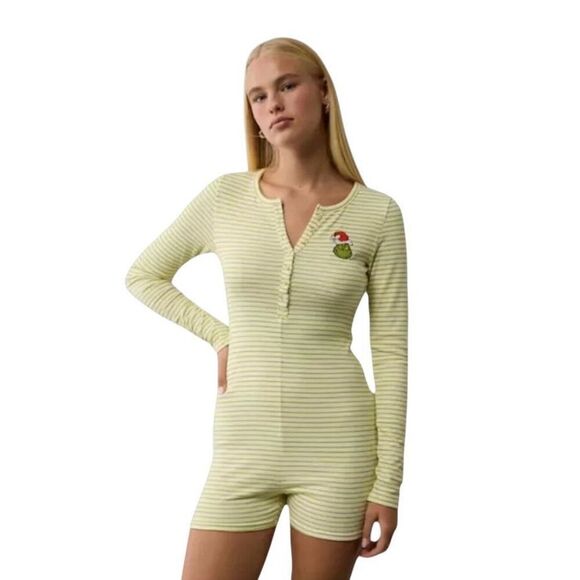 New American Eagle Lounge The Grinch Striped Pajama Romper Women’s Medium - Picture 1 of 6